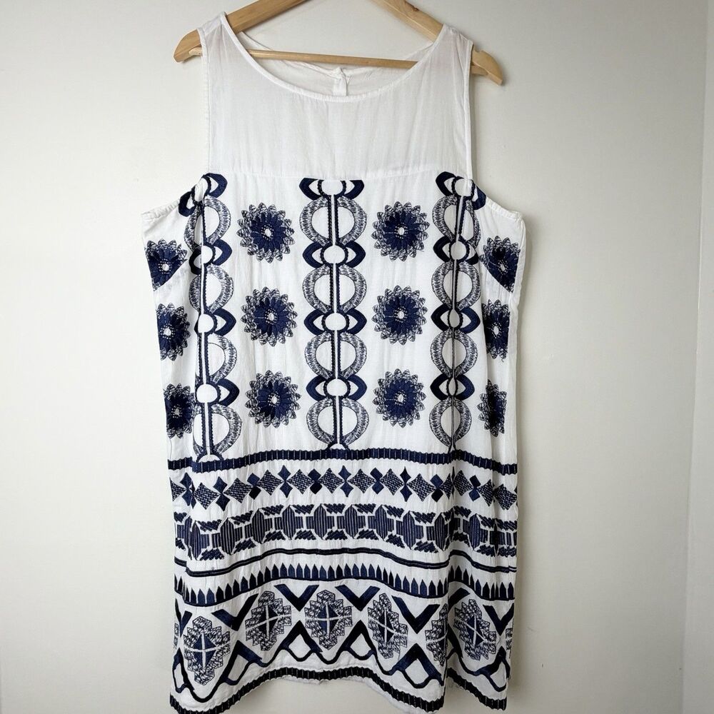 Gretchen Scott White Blue Embroidered Sun Dress Sleeveless Women’s 16 Goddess